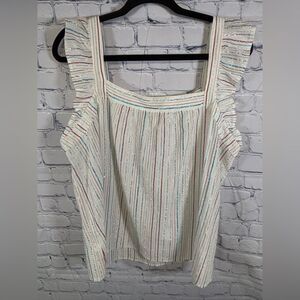 LOFT Shimmer Striped Ruffle Square Neck Flutter Cap Sleeve Boho Beach Top L
